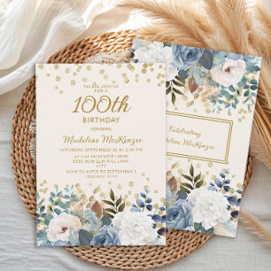 Invitation Bleu Poussiéreux Fleurs Blanches Or 100e Anniversa