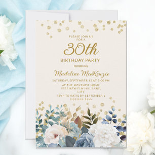 Invitation Bleu Poussiéreux Fleurs Blanches Or 30e Anniversai