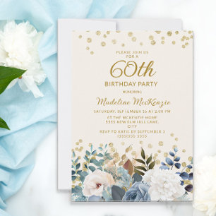 Invitation Bleu Poussiéreux Fleurs Blanches Or 60e Anniversai