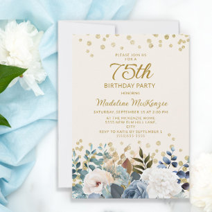 Invitation Bleu Poussiéreux Fleurs Blanches Or 75e Anniversai