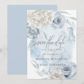 Invitation Bleu Poussiéreux Fleurs Élégantes Rustiques en Ivo (Devant / Derrière)