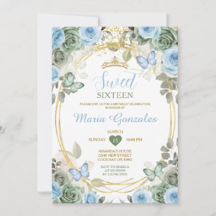 Invitation Bleu Poussiéreux & Fleurs Papillon Douze Ans