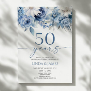 Invitation Bleu Poussiéreux Floral 50e Anniversaire de Mariag