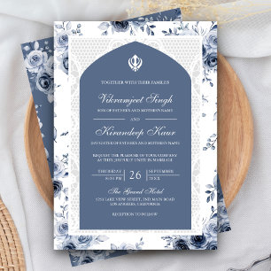 Invitation Bleu Poussiéreux Floral Anand Karaj Mariage Punjab