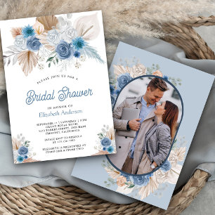 Invitation Bleu Poussiéreux Floral Bohème Pampas Photo Récept