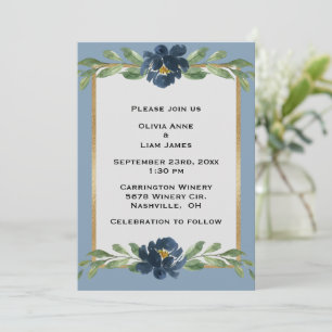 Invitation Bleu Poussiéreux Floral Élégant Mariage Fleur Or