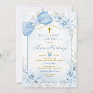 Invitation Bleu Poussiéreux Floral Garçon Croix Première Sain