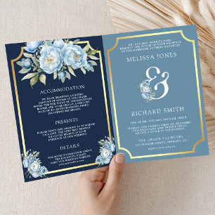 Invitation Bleu Poussiéreux Floral Marine Code QR Tout en Un 