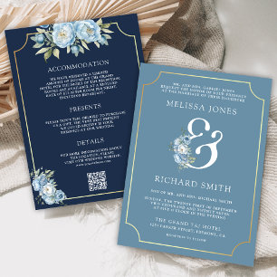 Invitation Bleu Poussiéreux Floral Marine Code QR Tout en Un