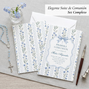 Invitation Bleu Poussiéreux Floral Toile Première Communion