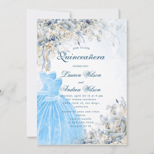 Invitation bleu poussiéreux jumeaux floraux Quinceañera Invit (Devant)