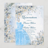 Invitation bleu poussiéreux jumeaux floraux Quinceañera Invit (Devant / Derrière)