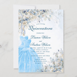 Invitation bleu poussiéreux jumeaux floraux Quinceañera Invit