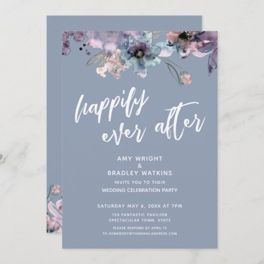 Invitation Bleu Poussiéreux Peint Floral À Tout Jamais (Devant / Derrière)