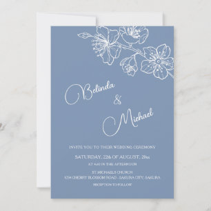 Invitation Bleu Poussiéreux Profond Floral Blanc Mariage Ph