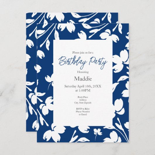 Invitation Bleu profond, Blancs tiges (Devant / Derrière)