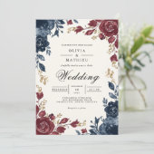 Invitation Bleu profond Bourgogne Floral Mariage (Debout devant)