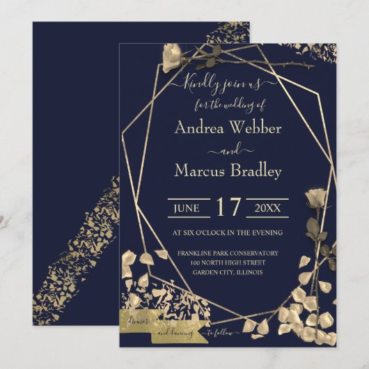 Invitation Bleu profond et Champagne (Devant / Derrière)