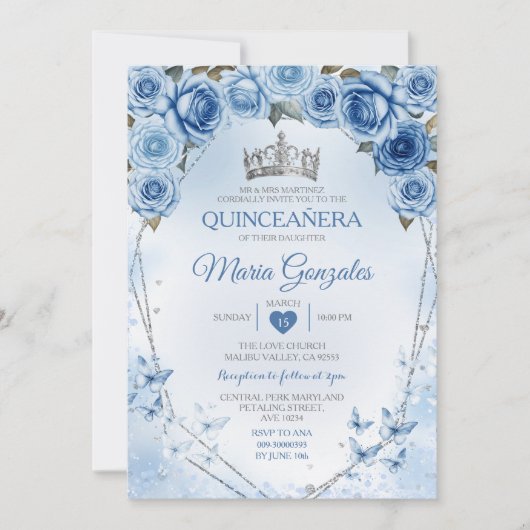 Invitation Bleu Quinceañera Argent Papillon de la Couronne 15 (Devant)