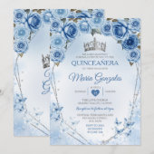 Invitation Bleu Quinceañera Argent Papillon de la Couronne 15 (Devant / Derrière)