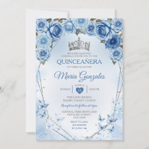Invitation Bleu Quinceañera Argent Papillon de la Couronne 15