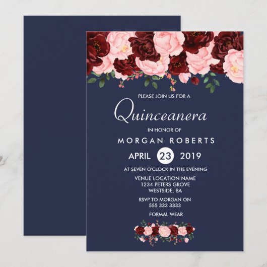 Invitation bleu Quinceanera de la marine de Bourgo (Devant / Derrière)