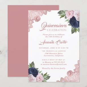 Invitation Bleu Quinceañera de la Marine Rose Gold