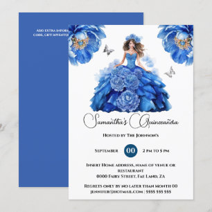 Invitation Bleu Quinceañera fleurs florales de pivoine