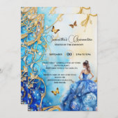 Invitation Bleu Quinceañera parties scintillant lest papillon (Devant / Derrière)