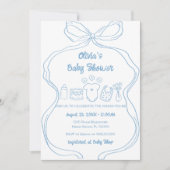 Invitation Bleu Quirky Main tiré Wavy Bow Boy Baby shower (Devant)