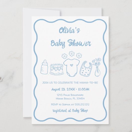 Invitation Bleu Quirky Main tiré Wavy Frame Baby shower garço (Devant)