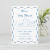 Invitation Bleu Quirky Main tiré Wavy Frame Baby shower garço (Debout devant)
