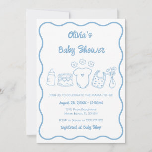 Invitation Bleu Quirky Main tiré Wavy Frame Baby shower garço