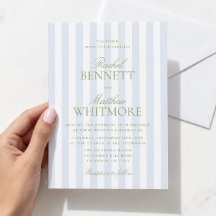 Invitation Bleu Rayure Citron Vert Classique Élégant Mariage