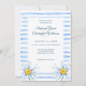 Invitation Bleu Rayures Aquarelle Fleurs blanches Mariage (Devant)