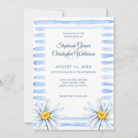 Invitation Bleu Rayures Aquarelle Fleurs blanches Mariage (Devant)