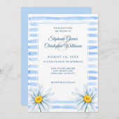 Invitation Bleu Rayures Aquarelle Fleurs blanches Mariage (Devant / Derrière)