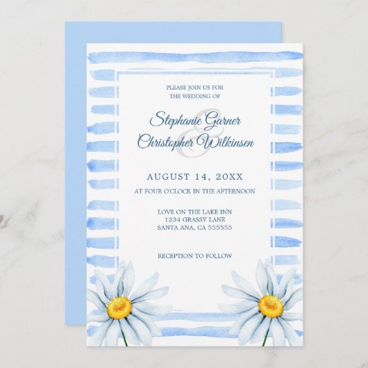 Invitation Bleu Rayures Aquarelle Fleurs blanches Mariage (Devant / Derrière)