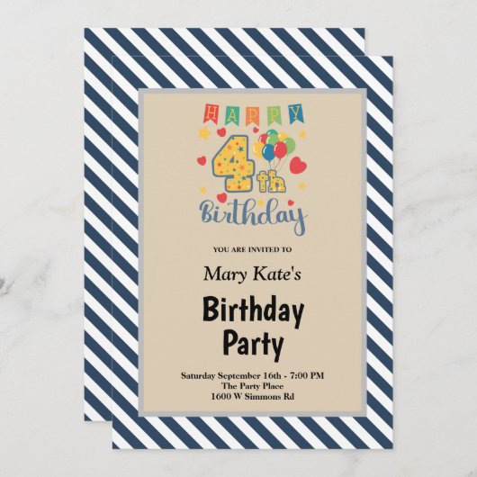 Invitation Bleu rayures encadrées 4ème anniversaire (Devant / Derrière)