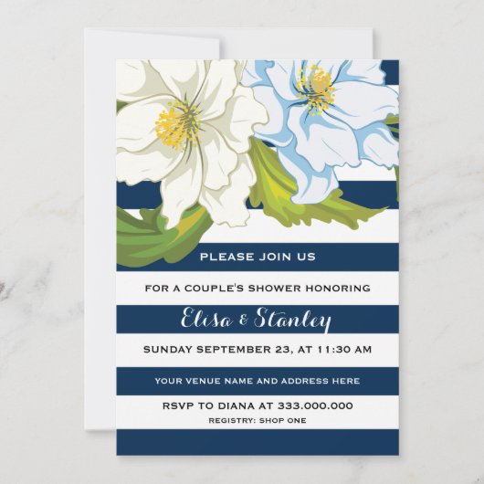 Invitation Bleu rayures & fleurs mariage couples douche (Devant)