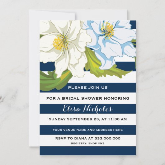 Invitation Bleu rayures & fleurs mariage douche nuptiale (Devant)