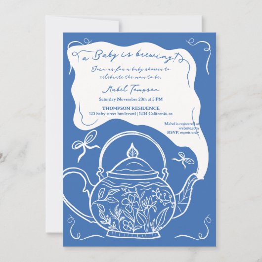 Invitation Bleu retro arcs teapot bébé est en train de brasse (Devant)