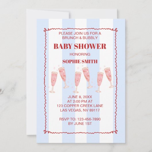 Invitation Bleu Rétro Bordure Rouge Brunch & Baby shower Bubb (Devant)
