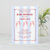 Invitation Bleu Rétro Bordure Rouge Brunch & Baby shower Bubb (Debout devant)