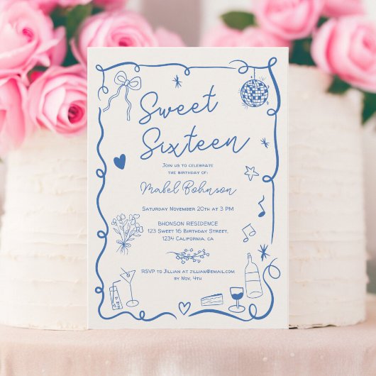 Invitation bleu rétro Français dessiné à la main Sweet 16