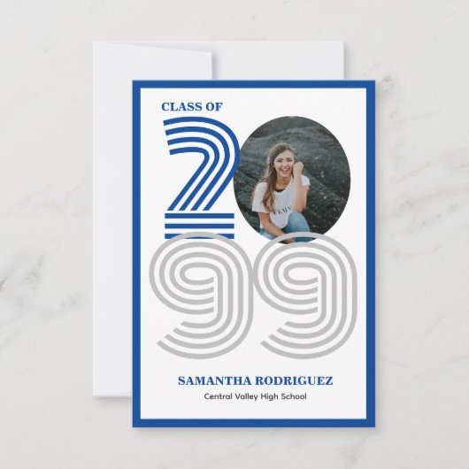 Invitation Bleu Retro grand nombre de diplômés Photo (Devant)