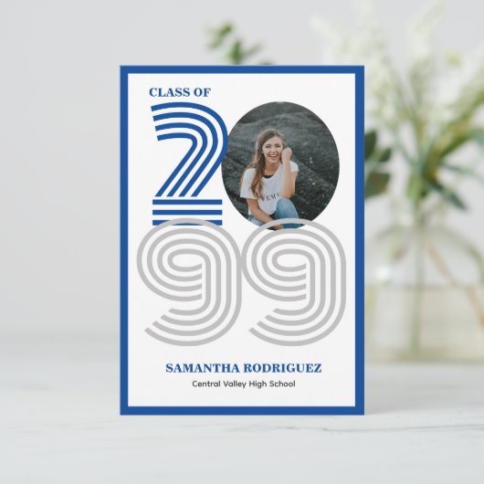 Invitation Bleu Retro grand nombre de diplômés Photo (Debout devant)