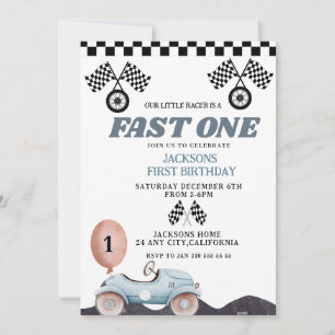 Invitation Bleu Rétro Rapide un Garçon 1er Anniversaire Voitu