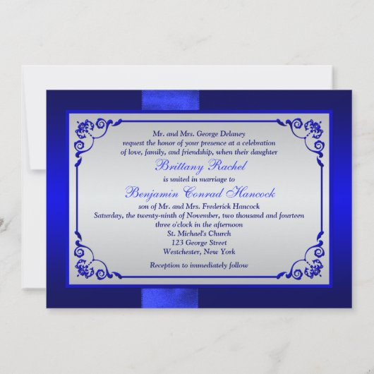 Invitation Bleu RIBBON IMPRIMÉ, mariage floral argenté (Dos)