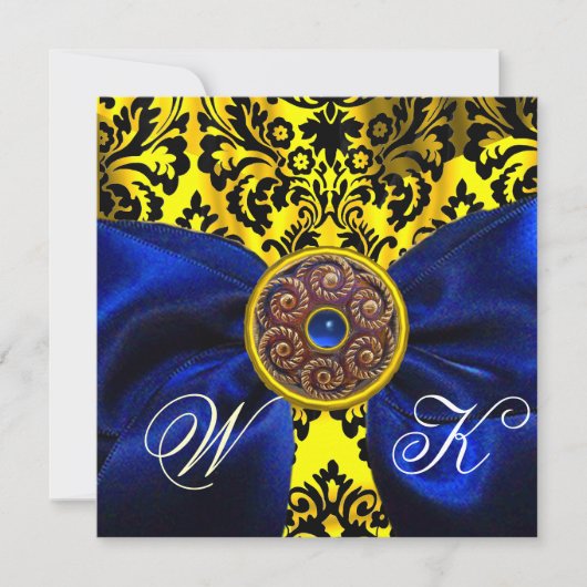 INVITATION BLEU RIBBON OR JAUNE BLACK DAMASK MONOGRAM (Devant)